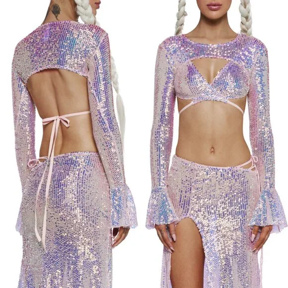 DollsKill Club Exx Rave Set Bra Shrug Skirt Purple Pink Sequin Fairy Mermaid - Picture 5 of 7